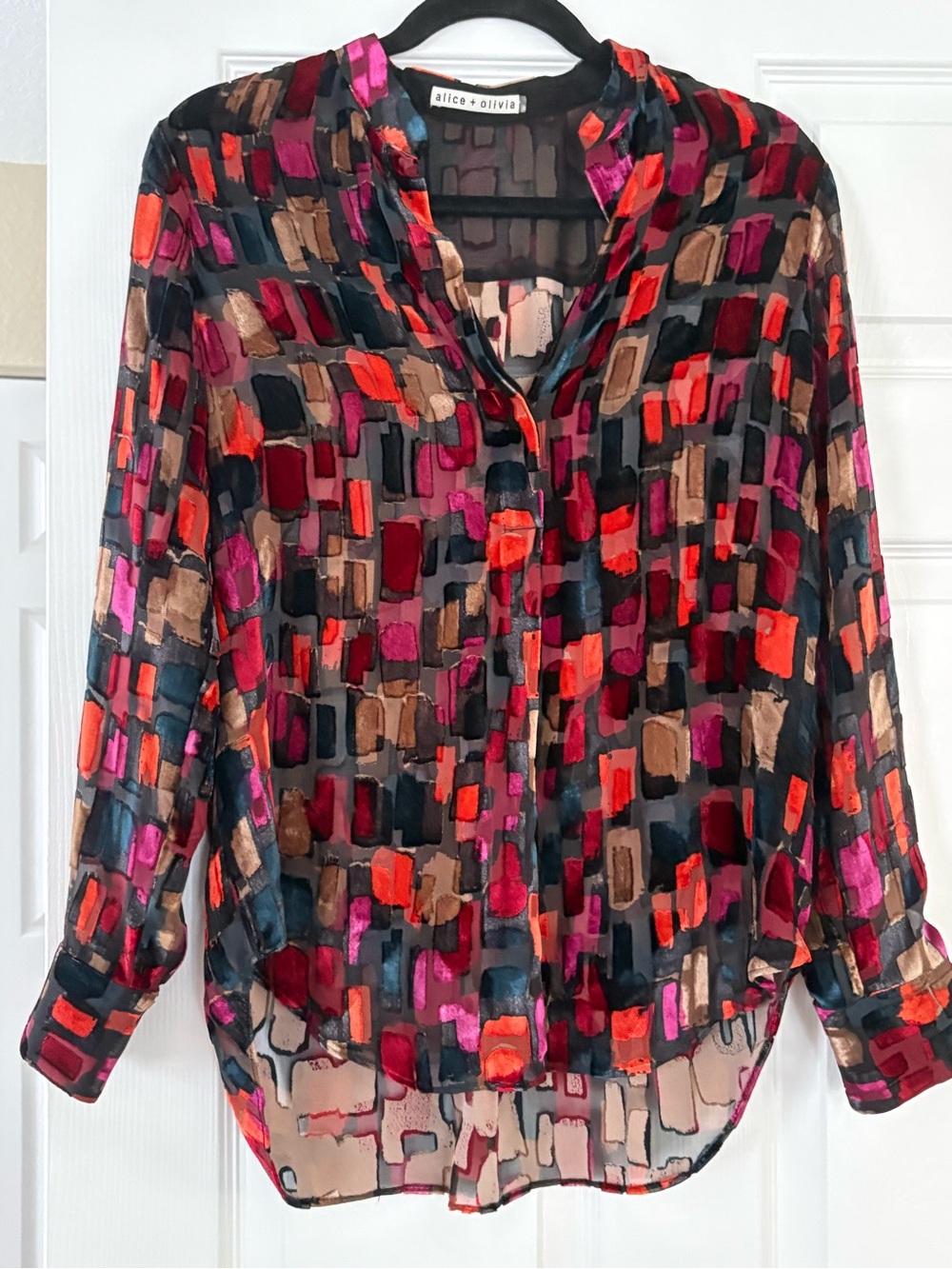 Alice + Olivia Blouse Abstract Patchwork Velvet Burnout